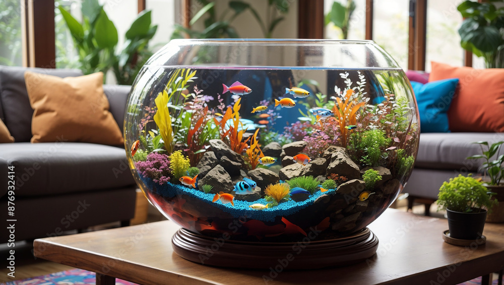 A large, arched window shows a view of an underwater scene with sharks, coral, and fish. In front of the window is a large, curved couch and a coffee table.
A large, arched window shows a view of an underwater scene with sharks, coral, and fish. In front of the window is a large, curved couch and a coffee table.
