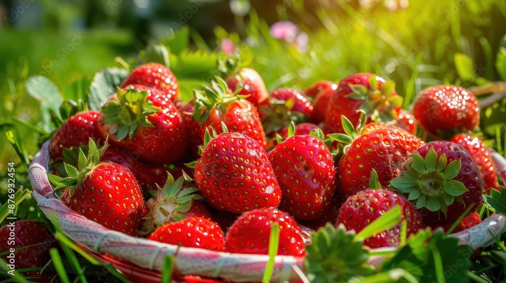 A vibrant, close-up shot of a basket filled with fresh, ripe red strawberries placed on lush green grass, with sunlight streaming in to highlight the strawberries' juicy texture. A vibrant, close-up shot of a basket filled with fresh, ripe red strawberries placed on lush green grass, with sunlight streaming in to highlight the strawberries' juicy texture.