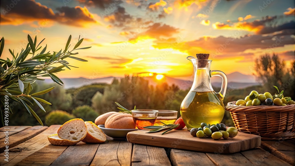 Fototapeta premium Traditional mediterranean setting with olive oil, fresh bread, and olives on a wooden table at sunset