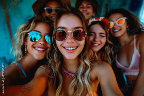 Multiracial friends posing for a selfie in a city, exuding happiness. Friendship Day © sun