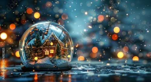 IA of a snow globe with a village enveloped in a blanket of snow in the winter, IA of a genric village in the snow. photo