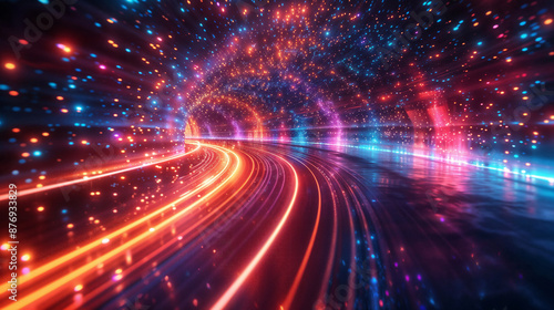 Sfondo digitale astratto con particelle e luci colorate che viaggiano alla velocità della luce © Wabisabi