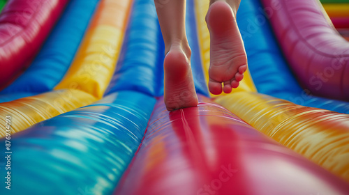 Close-up of child's feet on inflatable toy.