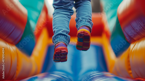 Close-up of child's feet on inflatable toy.