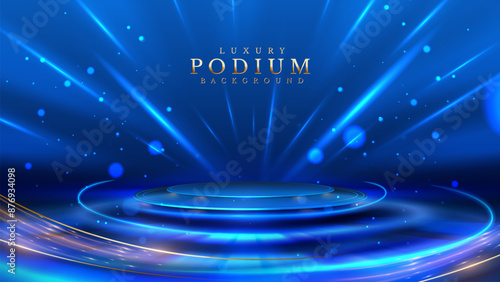 Empty podium golden on blue background with light neon effects with bokeh decorations. Luxury scene design concept. Vector illustrations.