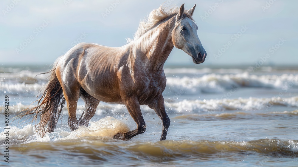 An elegant horse gracefully galloping through shallow ocean water at the beach, embodying freedom and dynamic movement in a picturesque seaside environment. An elegant horse gracefully galloping through shallow ocean water at the beach, embodying freedom and dynamic movement in a picturesque seaside environment.