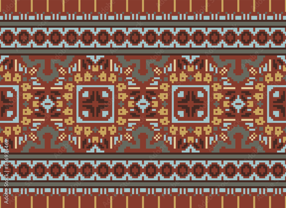 Fototapeta premium Pixel African and Mexican Aztec American tribal vector borders, frame patterns. Vector seamless background with a bright Mexican pattern. Vector seamless00 color