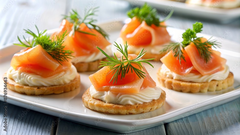Elegant smoked salmon canap?s adorned with fresh dill and microgreens, artfully arranged on a sleek, modern serving platter. Elegant smoked salmon canap?s adorned with fresh dill and microgreens, artfully arranged on a sleek, modern serving platter.