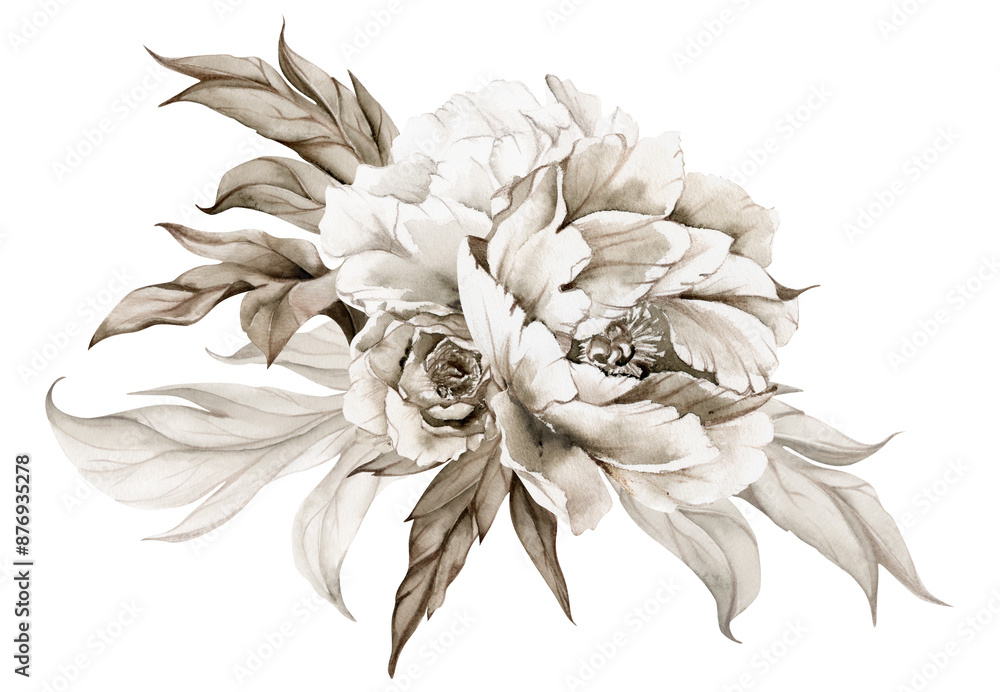 Hand drawn watercolor grisaille monochrome bouquet with peony, tulip, rose flowers, buds and leaves. Isolated on white background. Invitations, wedding or greeting cards, floral shop, print, textile Hand drawn watercolor grisaille monochrome bouquet with peony, tulip, rose flowers, buds and leaves. Isolated on white background. Invitations, wedding or greeting cards, floral shop, print, textile