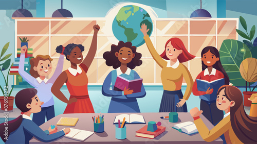 Diverse Group of Students Celebrating Learning in Classroom