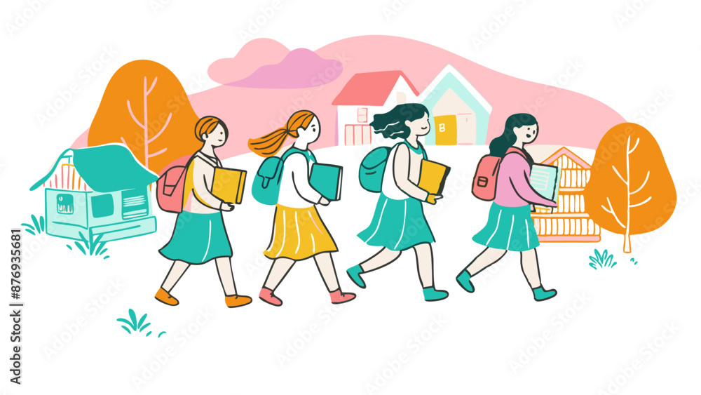 Fototapeta premium Illustration of Schoolgirls Walking Together in a Friendly Neighborhood