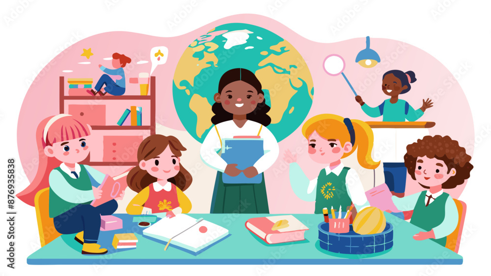 Cheerful Diverse Children in Colorful Classroom with Smiling Teacher Cheerful Diverse Children in Colorful Classroom with Smiling Teacher