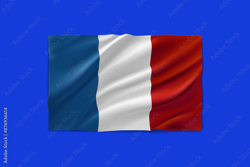 Waving flag of France on blue background. 3d vector illustration