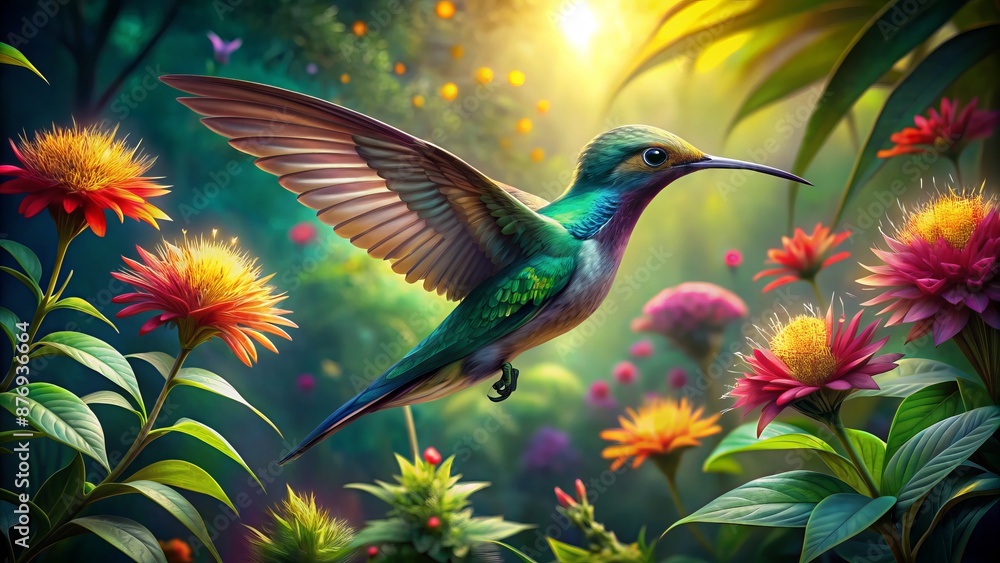 A Vibrant Hummingbird Hovers Near A Cluster Of Colorful Flowers In A Lush, Sunlit Garden. A Vibrant Hummingbird Hovers Near A Cluster Of Colorful Flowers In A Lush, Sunlit Garden.