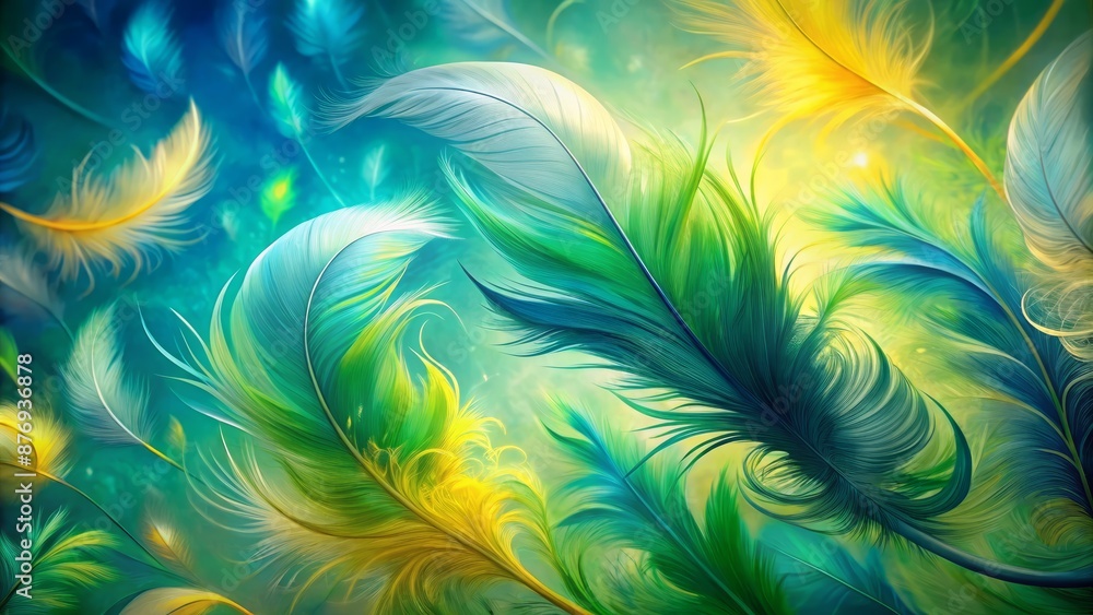 Soft Colorful Feathers Floating In The Air With A Blurred Background In Shades Of Blue Green And Yellow. Soft Colorful Feathers Floating In The Air With A Blurred Background In Shades Of Blue Green And Yellow.