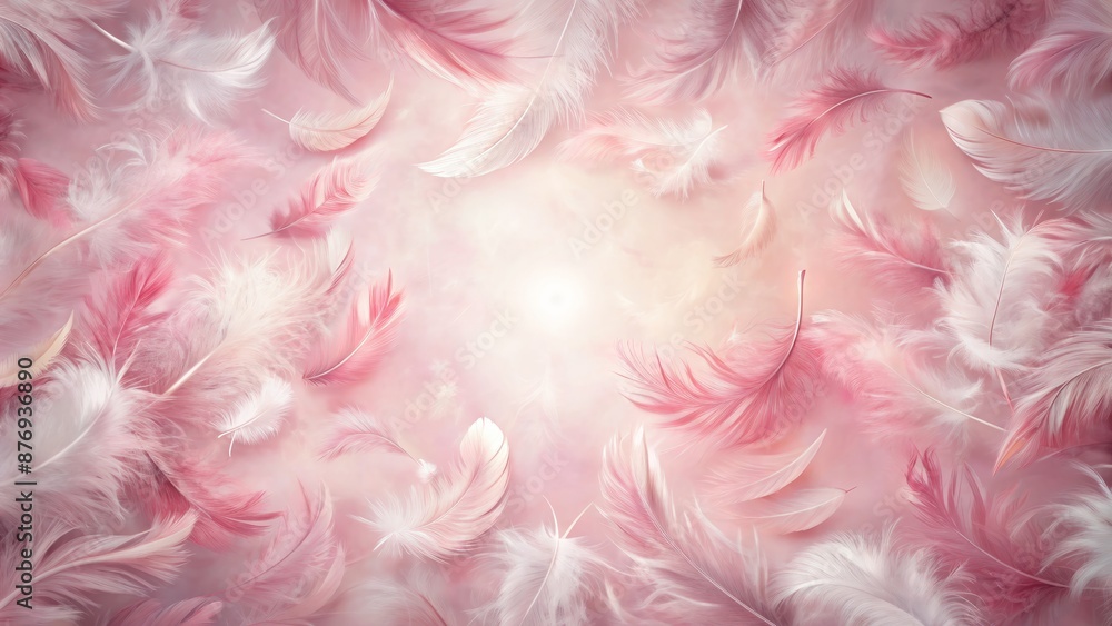 Delicate Pink And White Feathers Floating Against A Soft Pink Background. Delicate Pink And White Feathers Floating Against A Soft Pink Background.