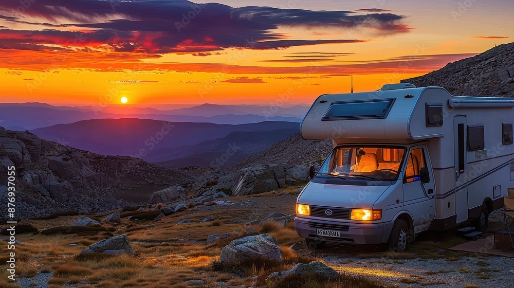 Obraz premium A camper van parked on a rocky landscape with a stunning sunset backdrop, showcasing the beauty of travel, adventure, and enjoying the serenity of nature in modern times.