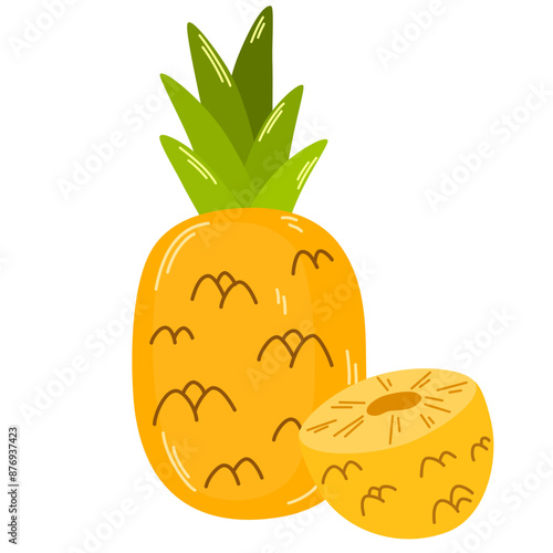Exotic pineapple fruit. Tropical food, bananas half, cut piece. Sweet natural vitamin eating with yellow flesh. Flat vector illustration isolated on white background 
