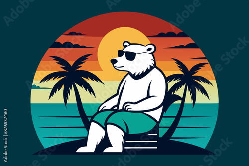 A fun and casual t-shirt design featuring a cool polar bear wearing sunglasses and sitting on a chair, vector art illustration