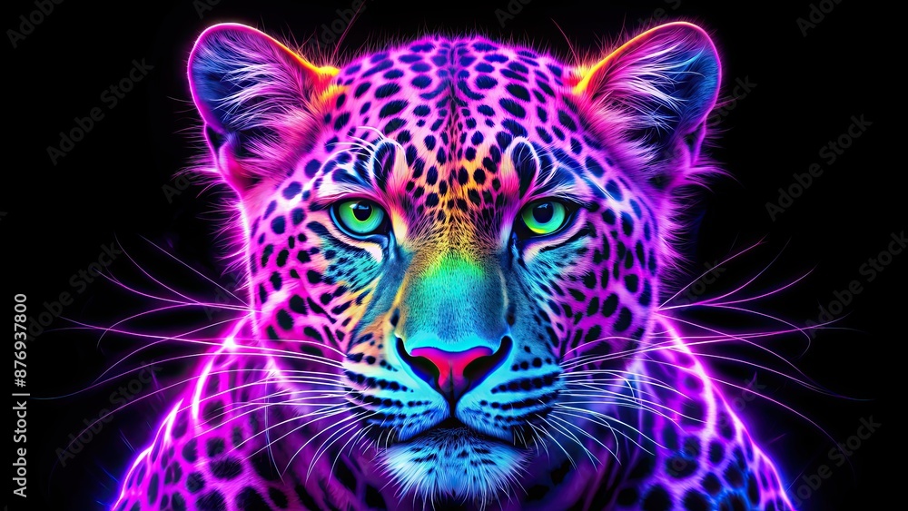 Obraz premium Neon purple leopard face with vivid colors and fierce expression, neon, purple, leopard, face, wild, animal, abstract