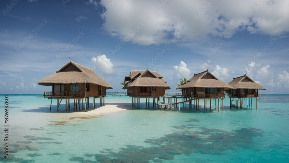 The image shows a tropical scene with several wooden bungalows on stilts over clear turquoise water, connected by a wooden walkway. There is a bright blue sky with fluffy white clouds.
The image shows a tropical scene with several wooden bungalows on stilts over clear turquoise water, connected by a wooden walkway. There is a bright blue sky with fluffy white clouds.