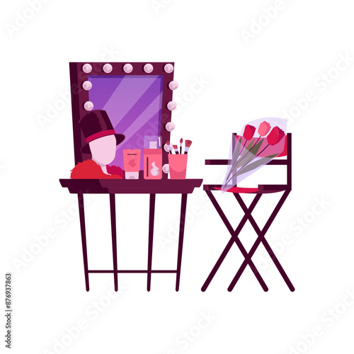 Vector illustrations theatrical wardrobe: a mirror with lamps, a mannequin's head and much more