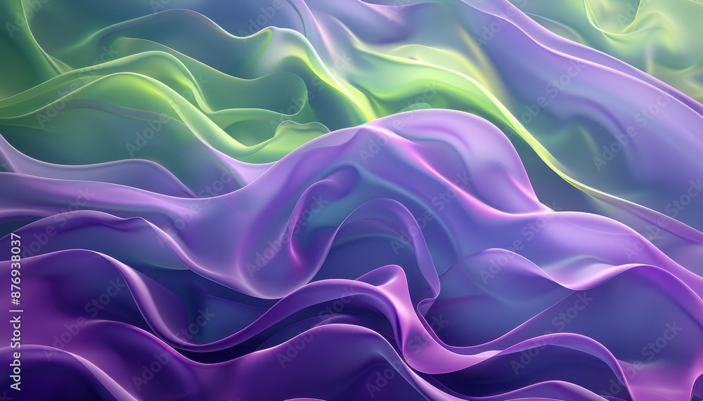 Fototapeta premium Abstract image featuring flowing, colorful waves in shades of purple and green, evoking a sense of movement and fluidity.