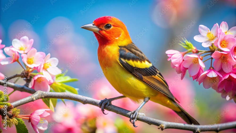 Western Tanager Perched On A Branch With Pink Flowers In Spring Western Tanager Perched On A Branch With Pink Flowers In Spring