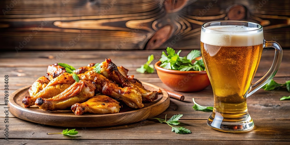 Grilled chicken wings served with a cold beer, grilled, chicken, wings, beer, food, barbecue, flavorful, crispy, delicious, appetizer Grilled chicken wings served with a cold beer, grilled, chicken, wings, beer, food, barbecue, flavorful, crispy, delicious, appetizer