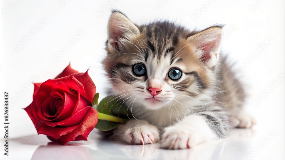 Small Kitten With Blue Eyes Laying Beside A Large Red Rose. Small Kitten With Blue Eyes Laying Beside A Large Red Rose.