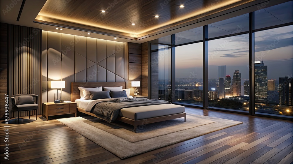 Naklejka premium Dark and eerie penthouse bedroom at night with minimal lighting and luxurious decor, penthouse, bedroom, night, dark, gloomy