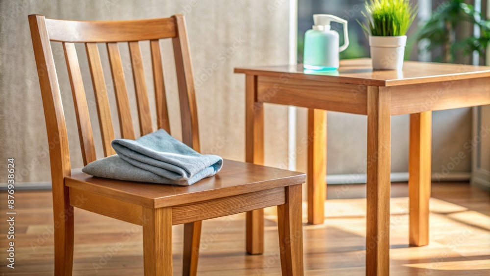 Polished wooden chair and table beside a rag and bottle of cleaning solution on a tidy, well-organized floor. Polished wooden chair and table beside a rag and bottle of cleaning solution on a tidy, well-organized floor.