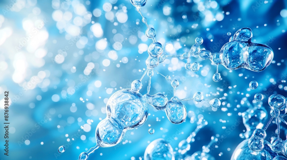 Abstract close-up of transparent water molecules interconnected, set against a blurred blue background representing a scientific and molecular concept. Abstract close-up of transparent water molecules interconnected, set against a blurred blue background representing a scientific and molecular concept.