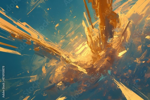 Abstract Painting with Golden and Blue Tones
