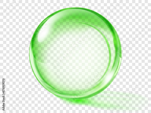 Large translucent colored sphere in green colors with glares and shadow on transparent background. Vector illustration for design projects and creative works