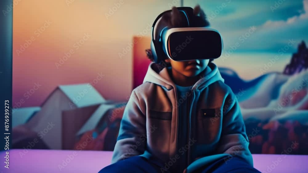 A young boy wearing a futuristic VR headset is amazed A young boy wearing a futuristic VR headset is amazed