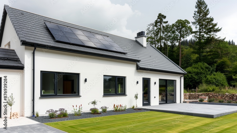 Residential property with a ground source heat pump system, demonstrating clean energy use, efficient and sustainable home heating Residential property with a ground source heat pump system, demonstrating clean energy use, efficient and sustainable home heating