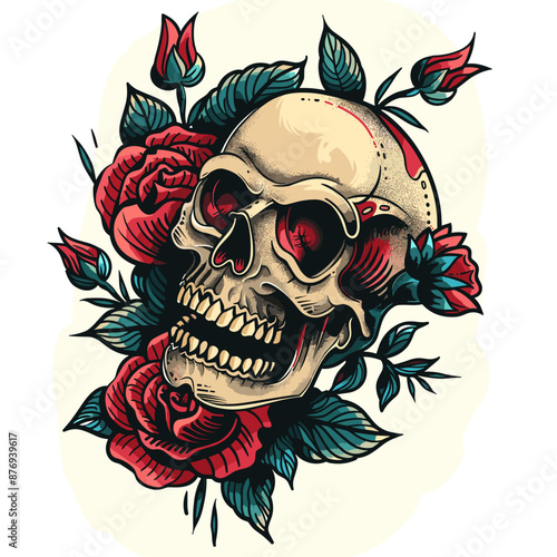 Skull with flowers and leaves. Vector illustration for tattoo or t-shirt design.