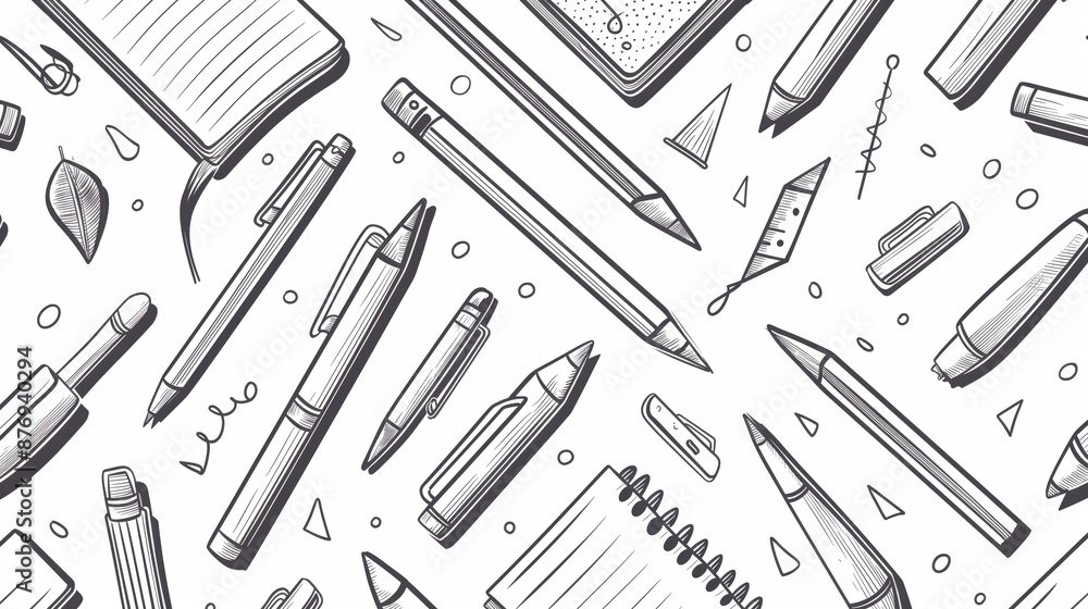 Monochrome seamless pattern with various hand-drawn stationery items including pens, pencils, and notebooks. Monochrome seamless pattern with various hand-drawn stationery items including pens, pencils, and notebooks.