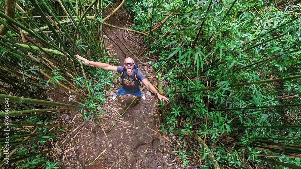 A man experience a pure adventure at the bamboo forest in Hawaii Oahu island A man experience a pure adventure at the bamboo forest in Hawaii Oahu island
