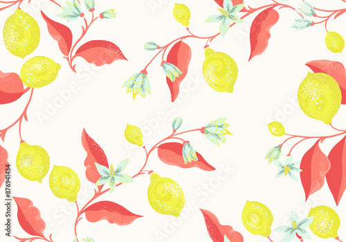 Creative colorful yellow lemons, limes on branches with leaves seamless pattern on a light background. Vector hand drawing illustration. Abstract artistic citrus stems repeated printing. Ornament