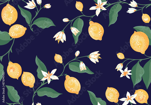 Abstract artistic yellow lemons on branches with green leaves seamless pattern on a dark background. Vector hand drawing illustration. Blooming citrus stems repeated printing. Ornament for designs
