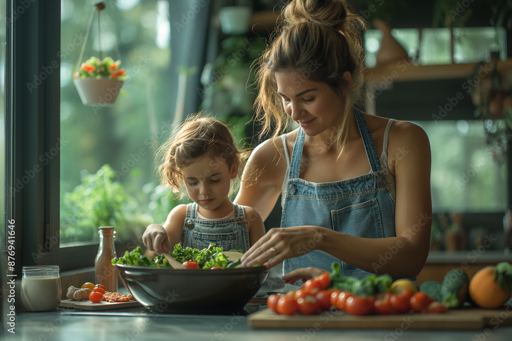 A mother and her young daughter cooking together in kitchen A mother and her young daughter cooking together in kitchen