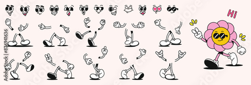 Set of 70s groovy comic faces vector. Collection of cartoon character faces, leg, hand in different emotions happy, angry, sad, flower. Cute retro groovy hippie illustration for decorative, sticker.