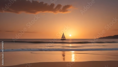 A serene beach at sunset with gentle waves and an isolated sailboat in the background