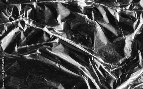 Abstract transparent plastic wrap wrinkled texture on black background. Vector illustration vinyl, texture overlay effect of an old cover with defects and scuffs. Wrinkled, torn and old packaging.