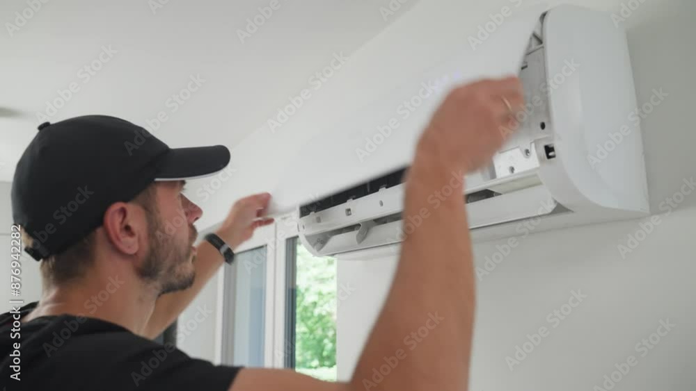 Maintenance of air conditioner unit. Technician checks air conditioning system mounted on white wall. Climate system with opened front cover revealing internal components. Repairing HVAC in apartment Maintenance of air conditioner unit. Technician checks air conditioning system mounted on white wall. Climate system with opened front cover revealing internal components. Repairing HVAC in apartment