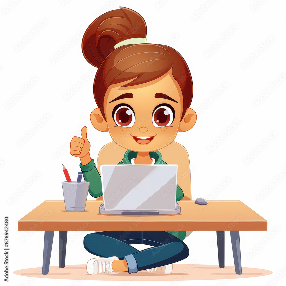 Girl at desk with laptop giving thumbs up. Animated. Girl at desk with laptop giving thumbs up. Animated.