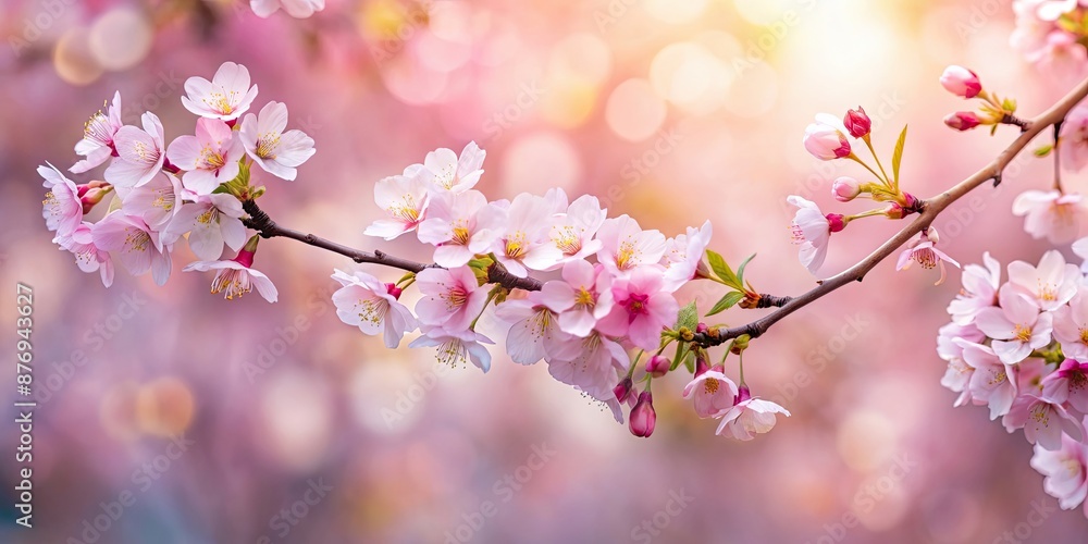 Naklejka premium Cherry blossoms on tree branch with soft bokeh background, spring, flowers, bloom, nature, pink, petals, delicate, beauty