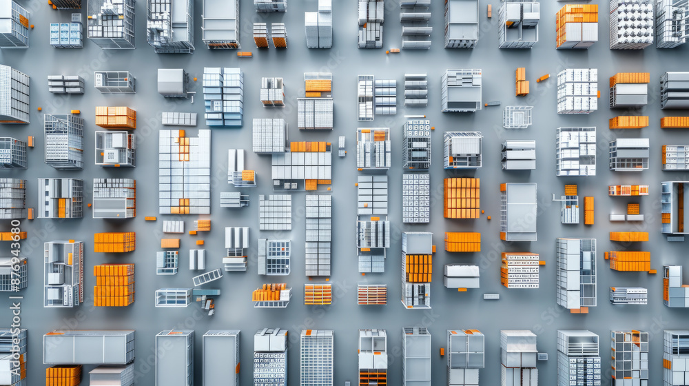 Birds-eye view of neatly organized storage racks, warehouse inventory control, efficient space utilization Birds-eye view of neatly organized storage racks, warehouse inventory control, efficient space utilization